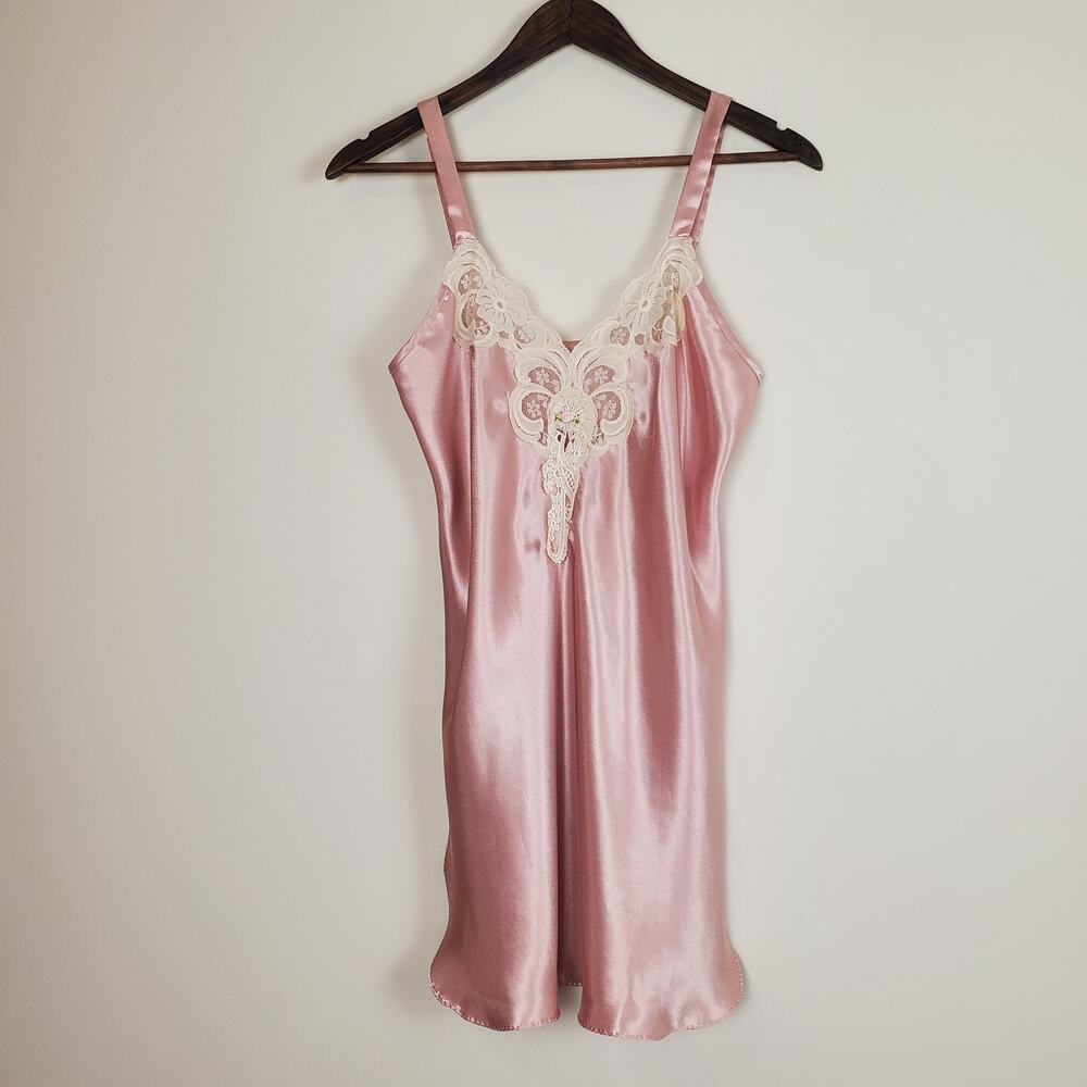 Vintage Rosette Satin Lace Slip Lingerie Dress Pink Cream Small - Picture 6 of 9